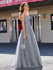 Robe de Soirée de A-ligne en Tulle à Col Carré Longueur au Sol Gris Acier
