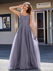 Robe de Soirée de A-ligne en Tulle à Col Carré Longueur au Sol Orageux