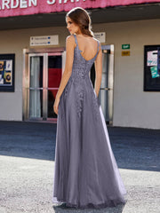 Robe de Soirée de A-ligne en Tulle à Col Carré Longueur au Sol Orageux