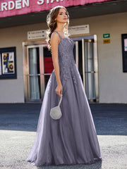 Robe de Soirée de A-ligne en Tulle à Col Carré Longueur au Sol Orageux