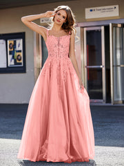 Robe de Soirée de A-ligne en Tulle à Col Carré Longueur au Sol Sunset