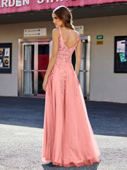 Robe de Soirée de A-ligne en Tulle à Col Carré Longueur au Sol Sunset