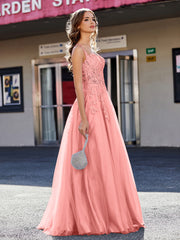 Robe de Soirée de A-ligne en Tulle à Col Carré Longueur au Sol Sunset