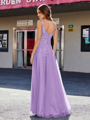 Robe de Soirée de A-ligne en Tulle à Col Carré Longueur au Sol Tahiti Grande Taille