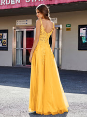Robe de Soirée de A-ligne en Tulle à Col Carré Longueur au Sol Mandarine Grande Taille