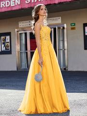 Robe de Soirée de A-ligne en Tulle à Col Carré Longueur au Sol Mandarine Grande Taille