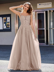 Robe de Soirée de A-ligne en Tulle à Col Carré Longueur au Sol Taupe Grande Taille