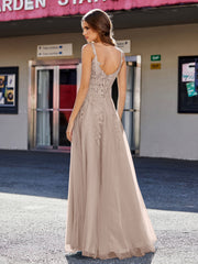 Robe de Soirée de A-ligne en Tulle à Col Carré Longueur au Sol Taupe Grande Taille