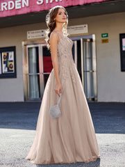 Robe de Soirée de A-ligne en Tulle à Col Carré Longueur au Sol Taupe Grande Taille