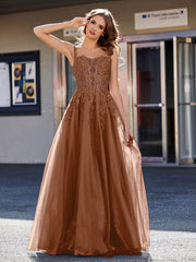 Robe de Soirée de A-ligne en Tulle à Col Carré Longueur au Sol Terracotta