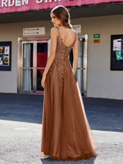 Robe de Soirée de A-ligne en Tulle à Col Carré Longueur au Sol Terracotta