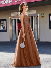 Robe de Soirée de A-ligne en Tulle à Col Carré Longueur au Sol Terracotta Grande Taille