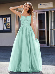 Robe de Soirée de A-ligne en Tulle à Col Carré Longueur au Sol Turquoise