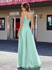 Robe de Soirée de A-ligne en Tulle à Col Carré Longueur au Sol Turquoise