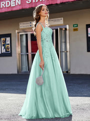 Robe de Soirée de A-ligne en Tulle à Col Carré Longueur au Sol Turquoise