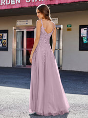 Robe de Soirée de A-ligne en Tulle à Col Carré Longueur au Sol Vintage Mauve