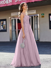 Robe de Soirée de A-ligne en Tulle à Col Carré Longueur au Sol Vintage Mauve