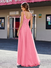 Robe de Soirée de A-ligne en Tulle à Col Carré Longueur au Sol Pastèque Grande Taille