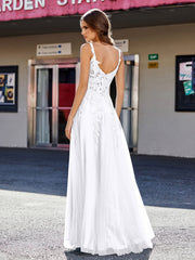Robe de Soirée de A-ligne en Tulle à Col Carré Longueur au Sol Blanc Grande Taille