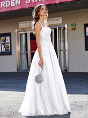 Robe de Soirée de A-ligne en Tulle à Col Carré Longueur au Sol Blanc
