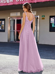 Robe de Soirée de A-ligne en Tulle à Col Carré Longueur au Sol Glycine Grande Taille