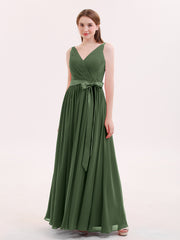 Col en V Mousseline Robe Demoiselle d'honneur avec Satin Ceinture Nœud Olive Verte