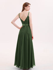 Col en V Mousseline Robe Demoiselle d'honneur avec Satin Ceinture Nœud Olive Verte