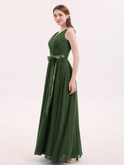Col en V Mousseline Robe Demoiselle d'honneur avec Satin Ceinture Nœud Olive Verte