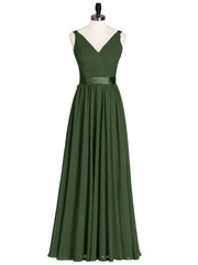 Col en V Mousseline Robe Demoiselle d'honneur avec Satin Ceinture Nœud Olive Verte