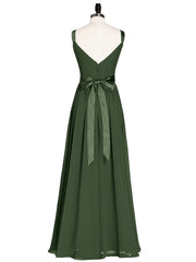 Col en V Mousseline Robe Demoiselle d'honneur avec Satin Ceinture Nœud Olive Verte
