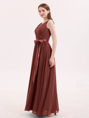 Col en V Mousseline Robe Demoiselle d'honneur avec Satin Ceinture Nœud terracotta
