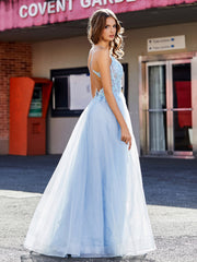 Robe de Soirée en Tulle à Bretelles Spaghetti et Col en V Bleu Ciel Grande Taille