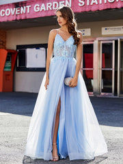 Robe de Soirée en Tulle à Bretelles Spaghetti et Col en V Bleu Ciel Grande Taille
