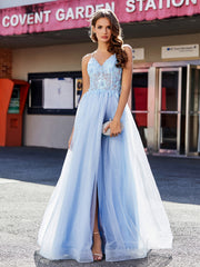 Robe de Soirée en Tulle à Bretelles Spaghetti et Col en V Bleu Ciel Grande Taille