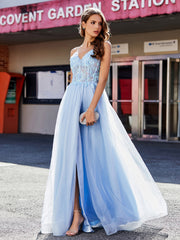 Robe de Soirée en Tulle à Bretelles Spaghetti et Col en V Bleu Ciel Grande Taille