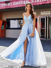 Robe de Soirée en Tulle à Bretelles Spaghetti et Col en V Bleu Ciel Grande Taille