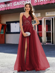 Robe de Soirée en Tulle à Bretelles Spaghetti et Col en V Bordeaux Grande Taille