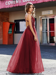 Robe de Soirée en Tulle à Bretelles Spaghetti et Col en V Bordeaux Grande Taille