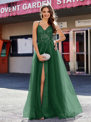 Robe de Soirée en Tulle à Bretelles Spaghetti et Col en V Vert Foncé
