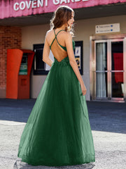 Robe de Soirée en Tulle à Bretelles Spaghetti et Col en V Vert Foncé