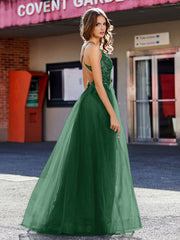 Robe de Soirée en Tulle à Bretelles Spaghetti et Col en V Vert Foncé