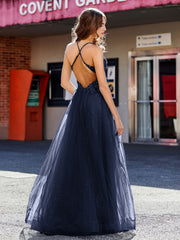 Robe de Soirée en Tulle à Bretelles Spaghetti et Col en V Bleu Marine
