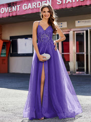 Robe de Soirée en Tulle à Bretelles Spaghetti et Col en V Régence