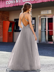 Robe de Soirée en Tulle à Bretelles Spaghetti et Col en V Argent Grande Taille