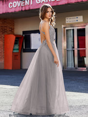 Robe de Soirée en Tulle à Bretelles Spaghetti et Col en V Argent