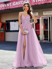 Robe de Soirée en Tulle à Bretelles Spaghetti et Col en V Glycine
