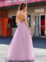 Robe de Soirée en Tulle à Bretelles Spaghetti et Col en V Glycine