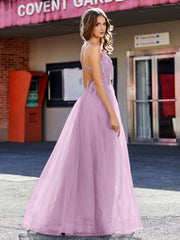 Robe de Soirée en Tulle à Bretelles Spaghetti et Col en V Glycine