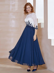 Robe en Mousseline avec Longueur de Mollet à Col Appliqué Bleu Marine Grande Taille