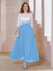 Robe en Mousseline avec Longueur de Mollet à Col Appliqué Bleu